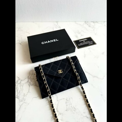 【LA LUNE】絕版中古包 Chanel 黑色絲絹水鑽斜背包 單肩包 錢包 側背包 中古