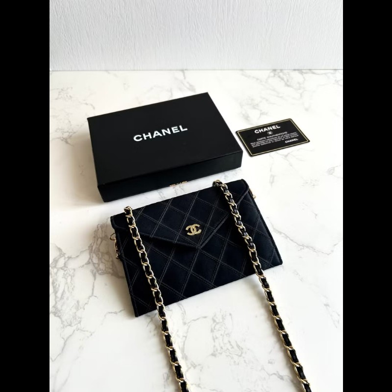 【LA LUNE】絕版中古包 Chanel 黑色絲絹水鑽斜背包 單肩包 錢包 側背包 中古-0