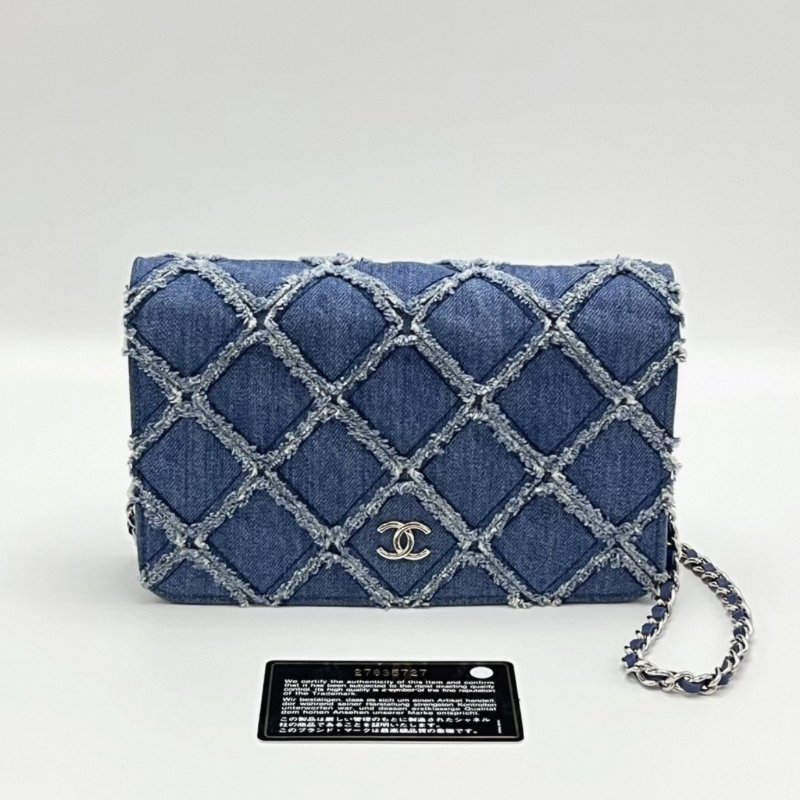 CHANEL 丹寧牛仔woc外縫線單肩斜挎鏈條 19*13*4 98新配件保卡塵袋-0