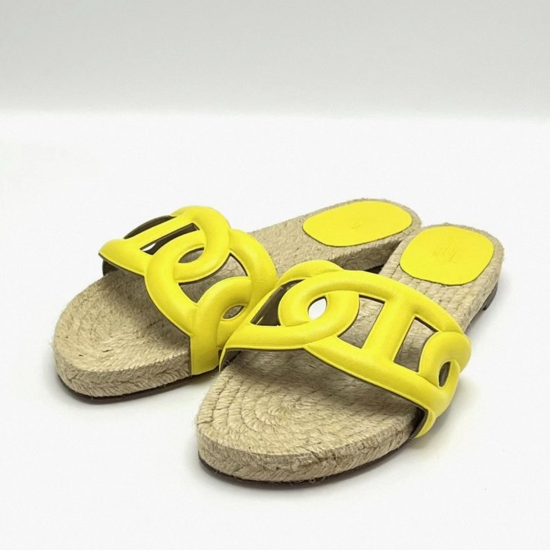 HERMES 檸檬黃豬鼻子草編鞋底拖鞋 36號 98新配件塵袋-1