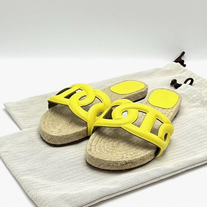 HERMES 檸檬黃豬鼻子草編鞋底拖鞋 36號 98新配件塵袋-3