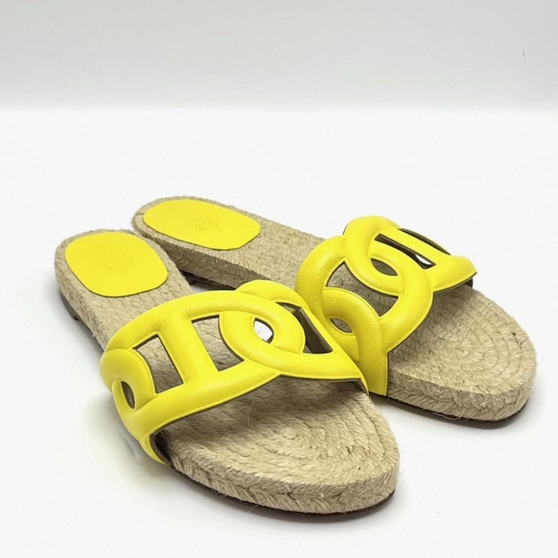 HERMES 檸檬黃豬鼻子草編鞋底拖鞋 36號 98新配件塵袋-5