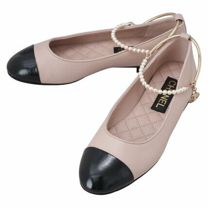 Chanel 香奈兒 全新 珍珠 腳鍊 平底鞋 菱格紋 膚 黑 色 (尺碼37)