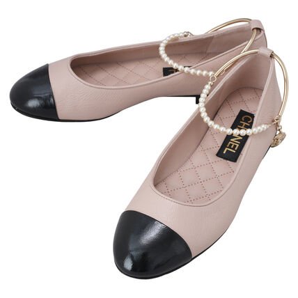 Chanel 香奈兒 全新 珍珠 腳鍊 娃娃鞋 平底鞋 菱格紋 膚 黑 色 (尺碼37)-0