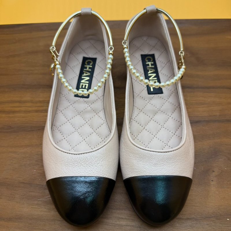 Chanel 香奈兒 全新 珍珠 腳鍊 娃娃鞋 平底鞋 菱格紋 膚 黑 色 (尺碼37)-2