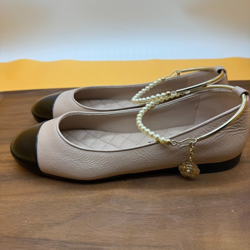 Chanel 香奈兒 全新 珍珠 腳鍊 娃娃鞋 平底鞋 菱格紋 膚 黑 色 (尺碼37)-5