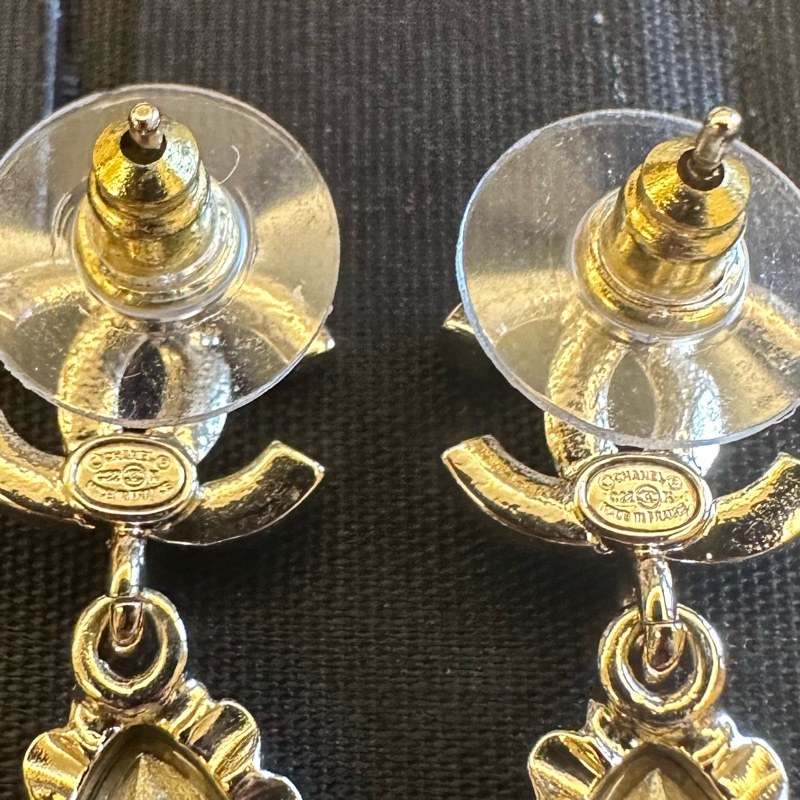 香奈兒Chanel 22k水鑽復古垂吊淡金色耳環-7
