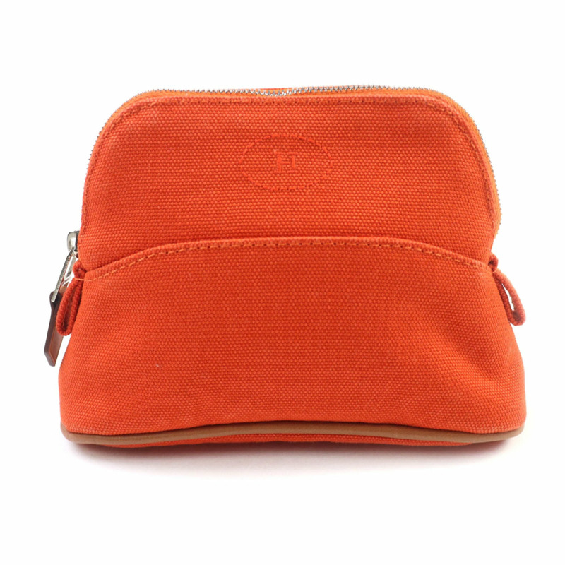 愛馬仕 Bolide 迷你手拿包，100% 純棉，飾有刺繡 H 標誌和皮革點綴，橙色，法國製造，女士款-0