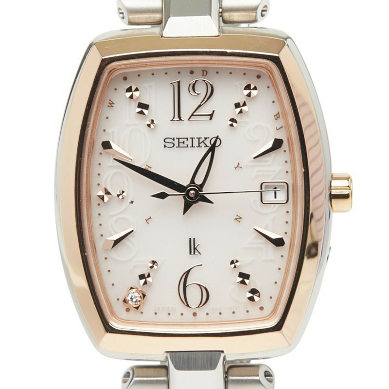 精工 Lukia 女士腕錶 1B32-0AF0 太陽能電波校時腕錶，米色錶盤，不鏽鋼錶殼設計-0