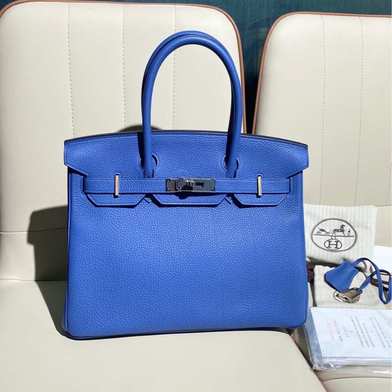 Hermes愛馬仕 birkin30手提包，藍色 togo皮 銀扣C刻-0