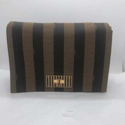Fendi Tobacco Pequin Claudia Large Bag Fendi/芬迪胡桃木竪條翻蓋單肩，沒有附件