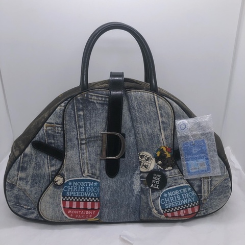 二手DIOR 迪奧 中古牛仔丹寧 保齡球 手提包 徽章款