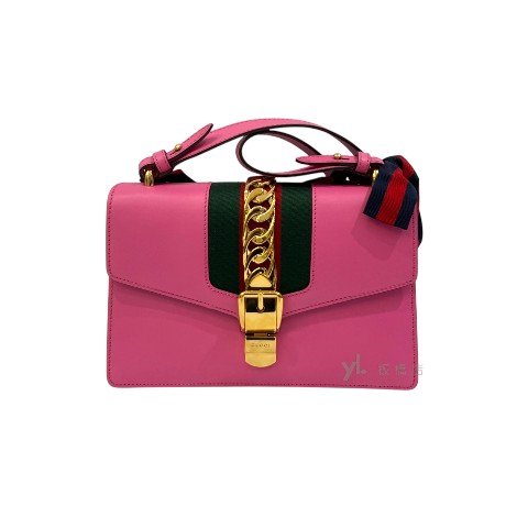 Gucci包包 SYLVIE桃粉牛皮迷你手提肩背包421882-0