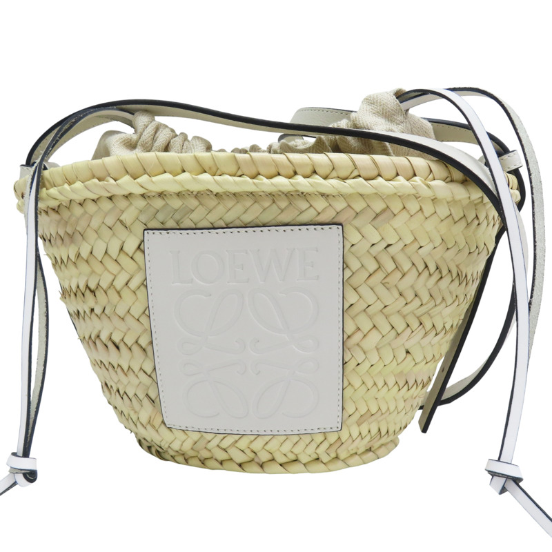米色竹編 白色牛皮飾邊 肩背包【LOEWE 羅威】-0