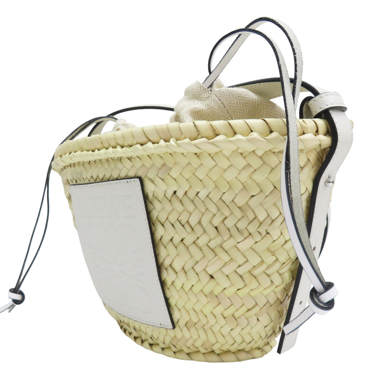 米色竹編 白色牛皮飾邊 肩背包【LOEWE 羅威】-2