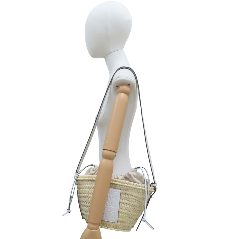 米色竹編 白色牛皮飾邊 肩背包【LOEWE 羅威】-7