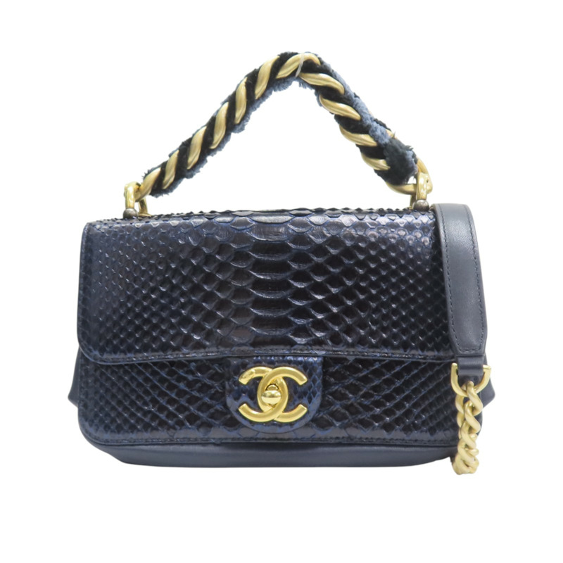 藍色 牛皮 蛇皮 兩用包 金扣【CHANEL 香奈兒】-0