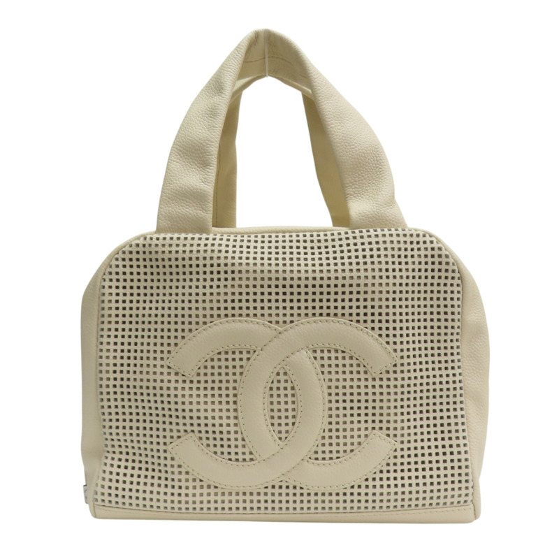 米色 縷空格紋 牛皮 手提包 銀扣 無卡【CHANEL 香奈兒】-0