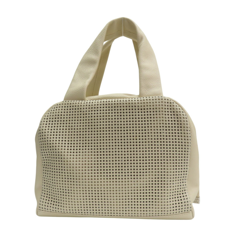 米色 縷空格紋 牛皮 手提包 銀扣 無卡【CHANEL 香奈兒】-1