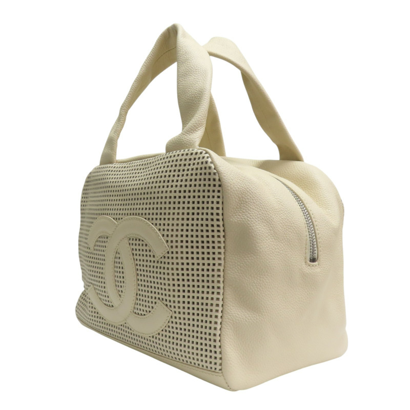 米色 縷空格紋 牛皮 手提包 銀扣 無卡【CHANEL 香奈兒】-2