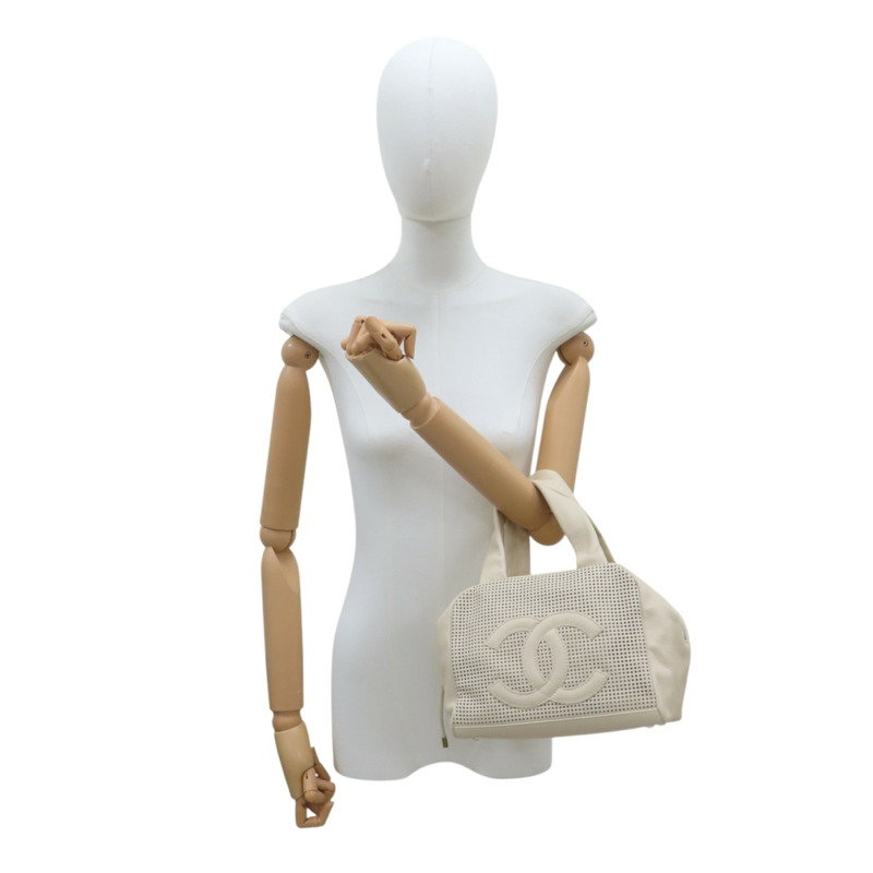 米色 縷空格紋 牛皮 手提包 銀扣 無卡【CHANEL 香奈兒】-8