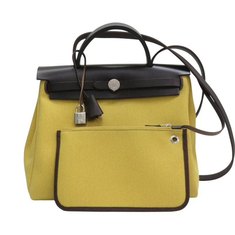 咖哩黃 帆布 棕色牛皮 Herbag Zip 31 兩用包 B刻 銀扣【HERMES 愛馬仕】 B刻印-0