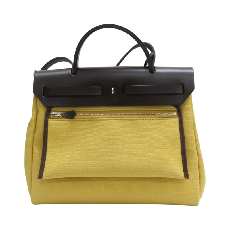 咖哩黃 帆布 棕色牛皮 Herbag Zip 31 兩用包 B刻 銀扣【HERMES 愛馬仕】 B刻印-1