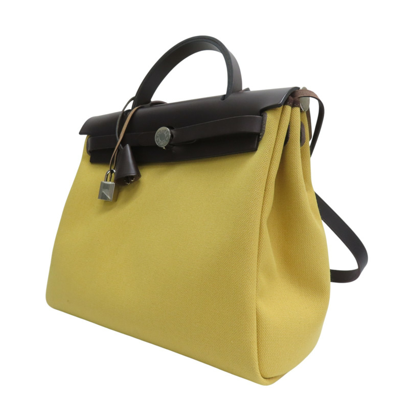 咖哩黃 帆布 棕色牛皮 Herbag Zip 31 兩用包 B刻 銀扣【HERMES 愛馬仕】 B刻印-2