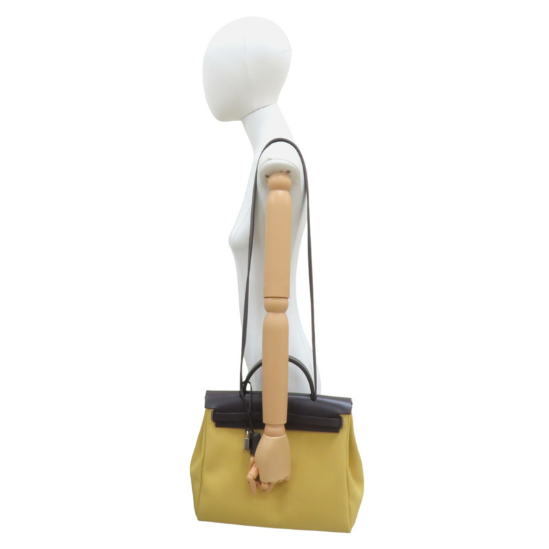 咖哩黃 帆布 棕色牛皮 Herbag Zip 31 兩用包 B刻 銀扣【HERMES 愛馬仕】 B刻印-11