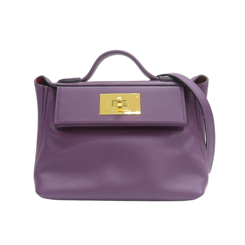 黑家侖紫/石榴紅 Evercolor牛皮 24/24 兩用包 U刻 金扣【HERMES 愛馬仕】-0