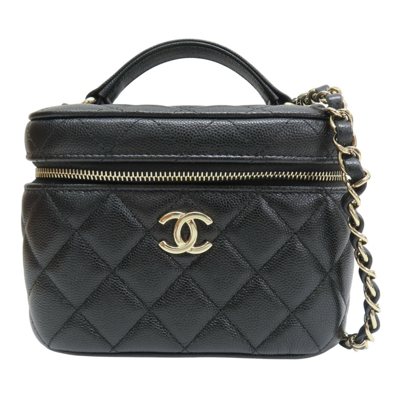 黑色 菱格紋 荔枝牛皮 化粧箱 鏈帶肩背包 銀釦【CHANEL 香奈兒】 AS3171-0