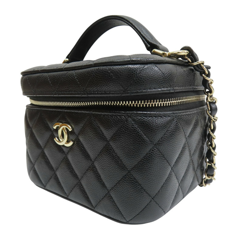 黑色 菱格紋 荔枝牛皮 化粧箱 鏈帶肩背包 銀釦【CHANEL 香奈兒】 AS3171-2