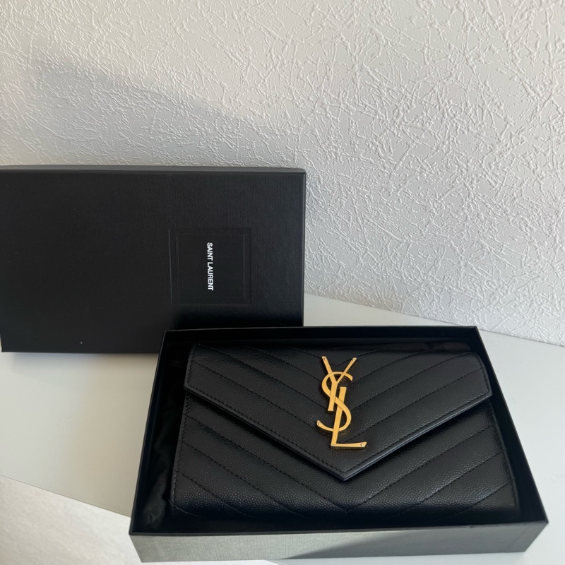 Ysl黑色金logo信封釦式長夾 經典不敗款-0