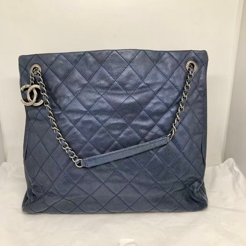 二手Chanel香奈兒海軍藍牛皮荔枝紋tote ，沒配件