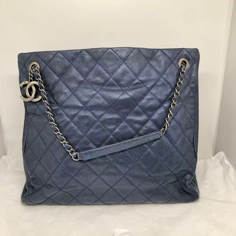二手Chanel香奈兒海軍藍牛皮荔枝紋tote ，沒配件-0