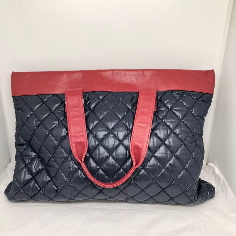二手Chanel香奈兒 中古款藍色羽絨拼紅皮單肩tote托特包-0