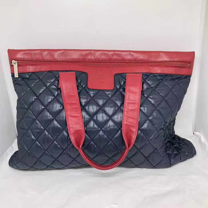 二手Chanel香奈兒 中古款藍色羽絨拼紅皮單肩tote托特包-1