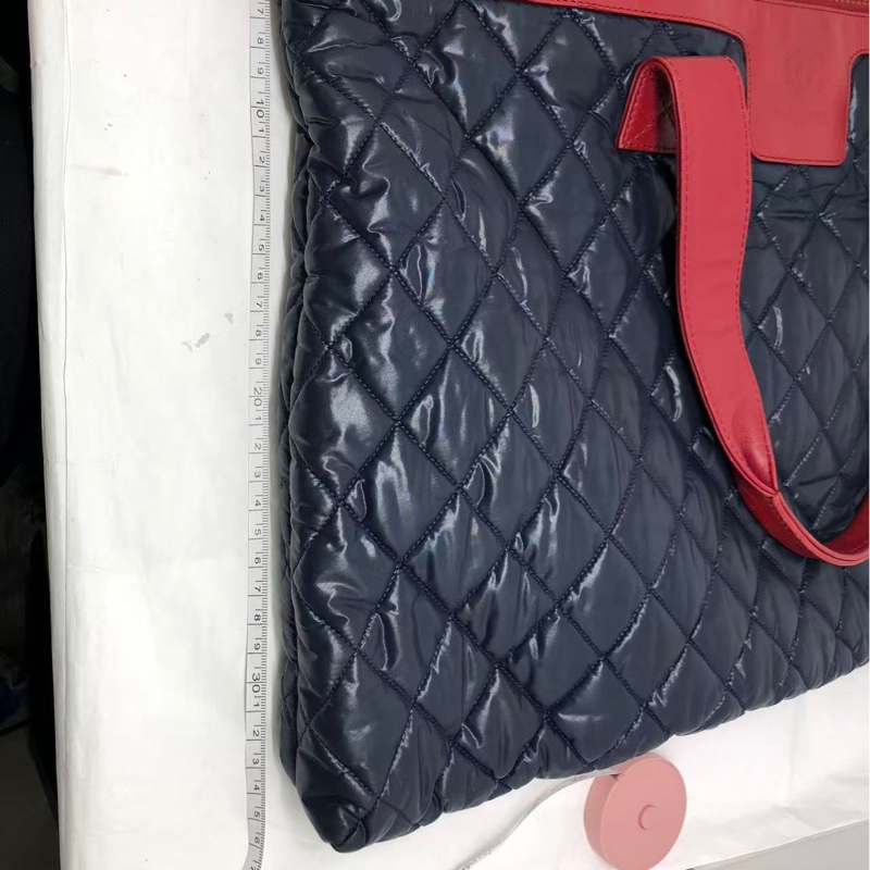 二手Chanel香奈兒 中古款藍色羽絨拼紅皮單肩tote托特包-7
