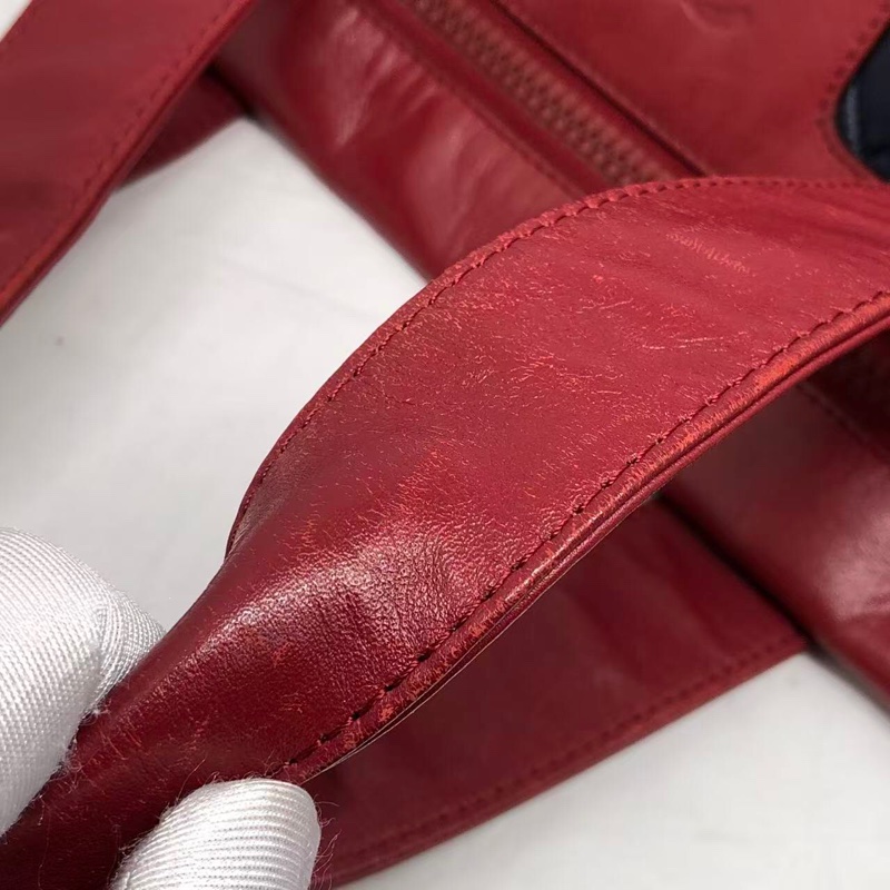 二手Chanel香奈兒 中古款藍色羽絨拼紅皮單肩tote托特包-9