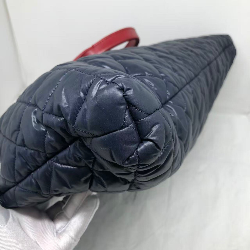 二手Chanel香奈兒 中古款藍色羽絨拼紅皮單肩tote托特包-11