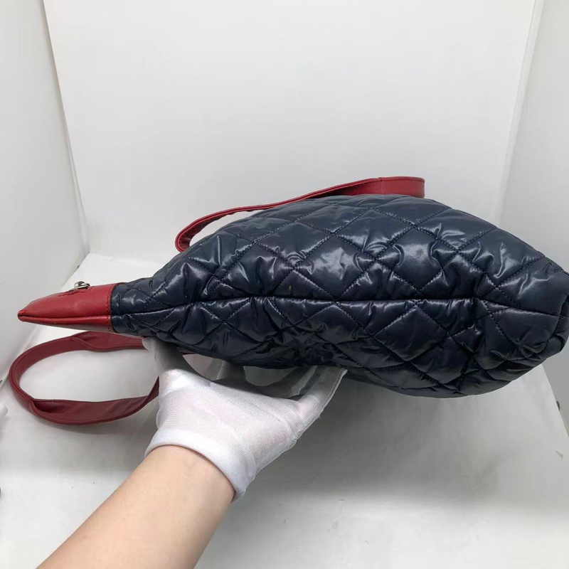 二手Chanel香奈兒 中古款藍色羽絨拼紅皮單肩tote托特包-12