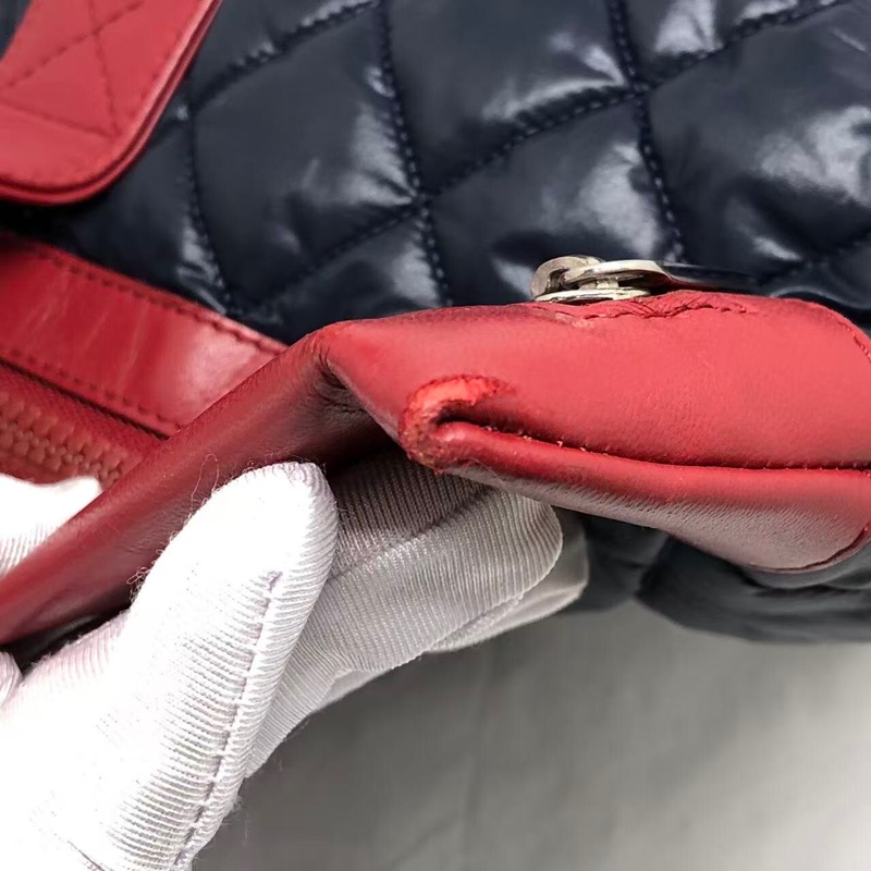 二手Chanel香奈兒 中古款藍色羽絨拼紅皮單肩tote托特包-15