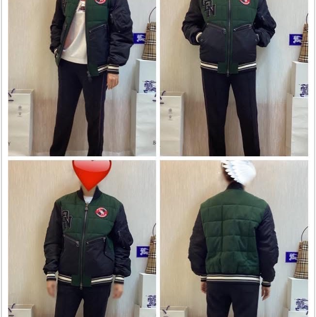英國B家男款對比衣袖徽標圖案羊毛飛行夾克/深松柏綠XS-1