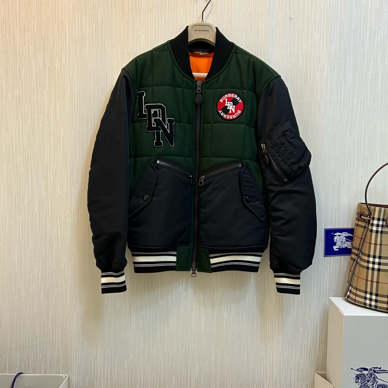 英國B家男款對比衣袖徽標圖案羊毛飛行夾克/深松柏綠XS-2