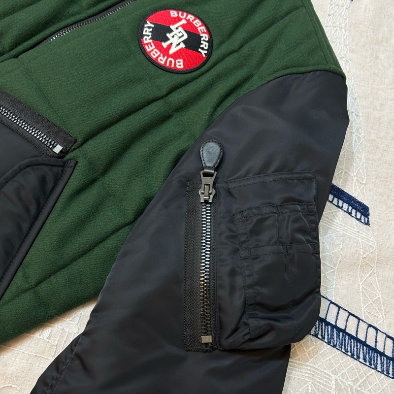 英國B家男款對比衣袖徽標圖案羊毛飛行夾克/深松柏綠XS-5