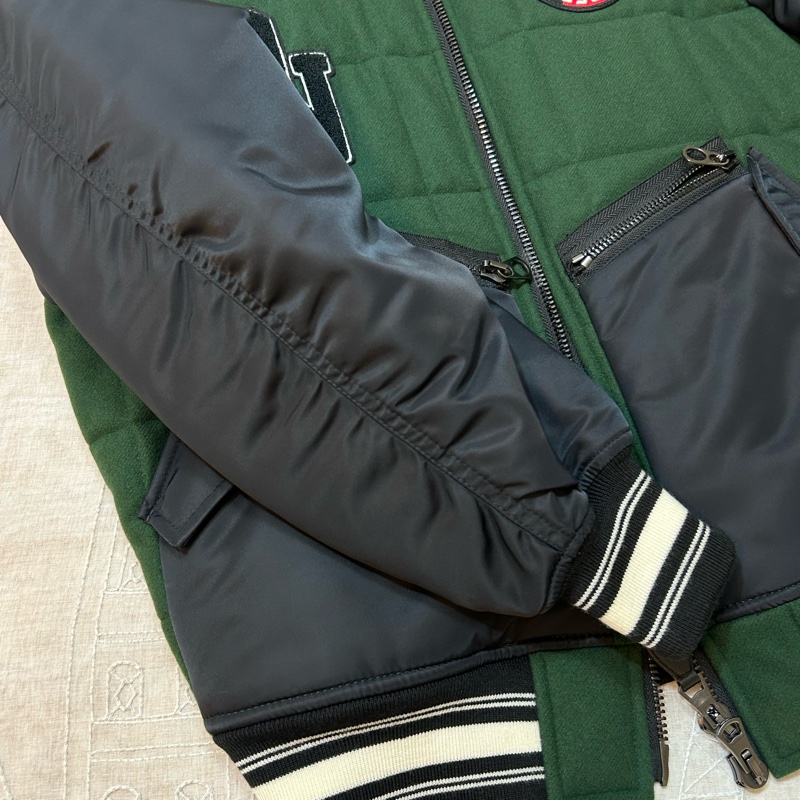 英國B家男款對比衣袖徽標圖案羊毛飛行夾克/深松柏綠XS-6
