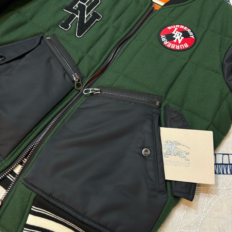 英國B家男款對比衣袖徽標圖案羊毛飛行夾克/深松柏綠XS-8