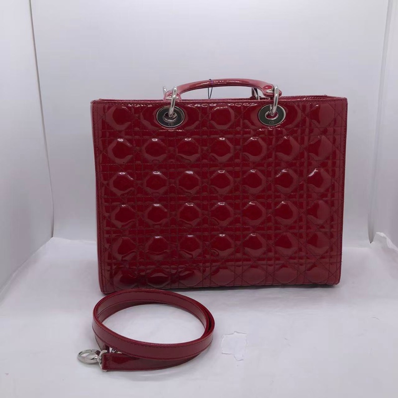 Dior七格紅色漆皮戴妃包，配件肩帶-0