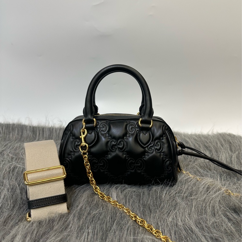 Gucci 黑牛皮壓紋金釦手提斜背波士頓包-2