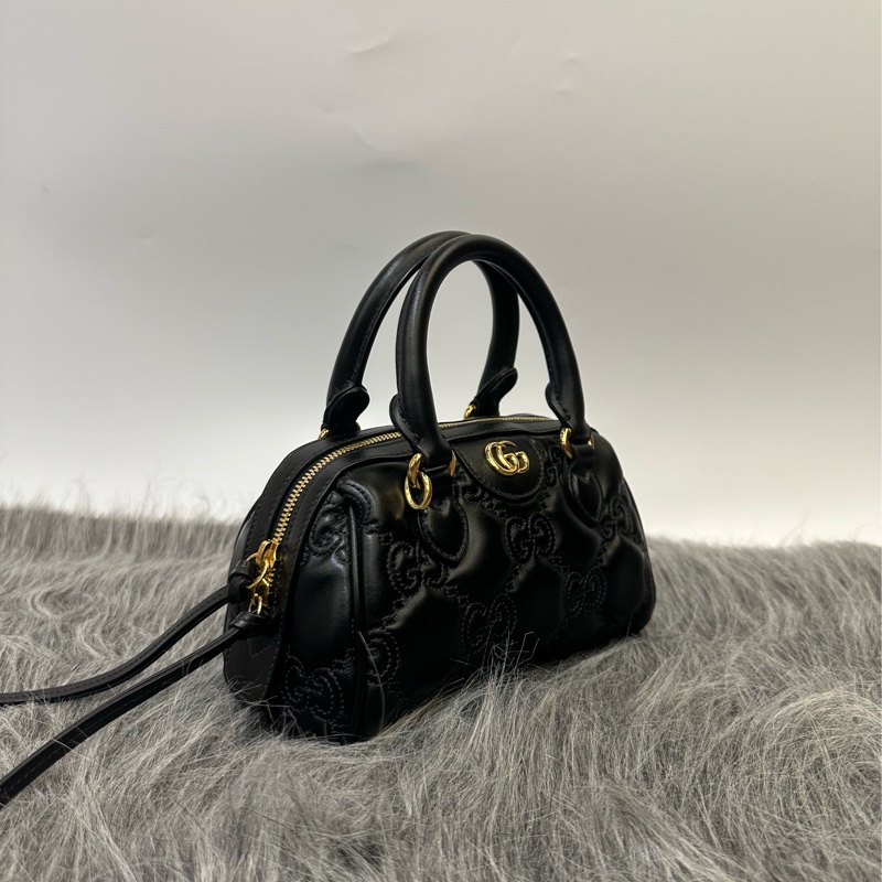 Gucci 黑牛皮壓紋金釦手提斜背波士頓包-3